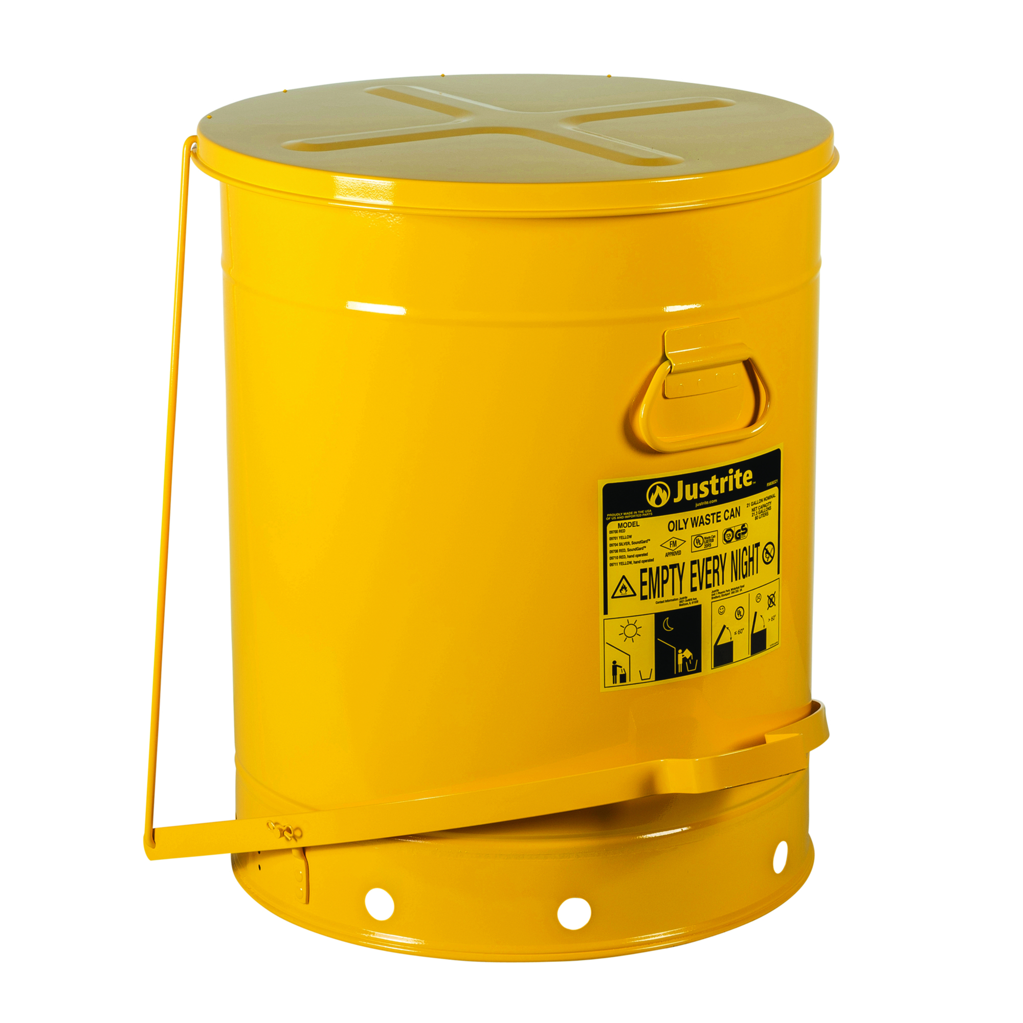Justrite Oily Waste Can — 21 Gallon, Hands-Free, Self-Closing Cover, Yellow, Model# 09701